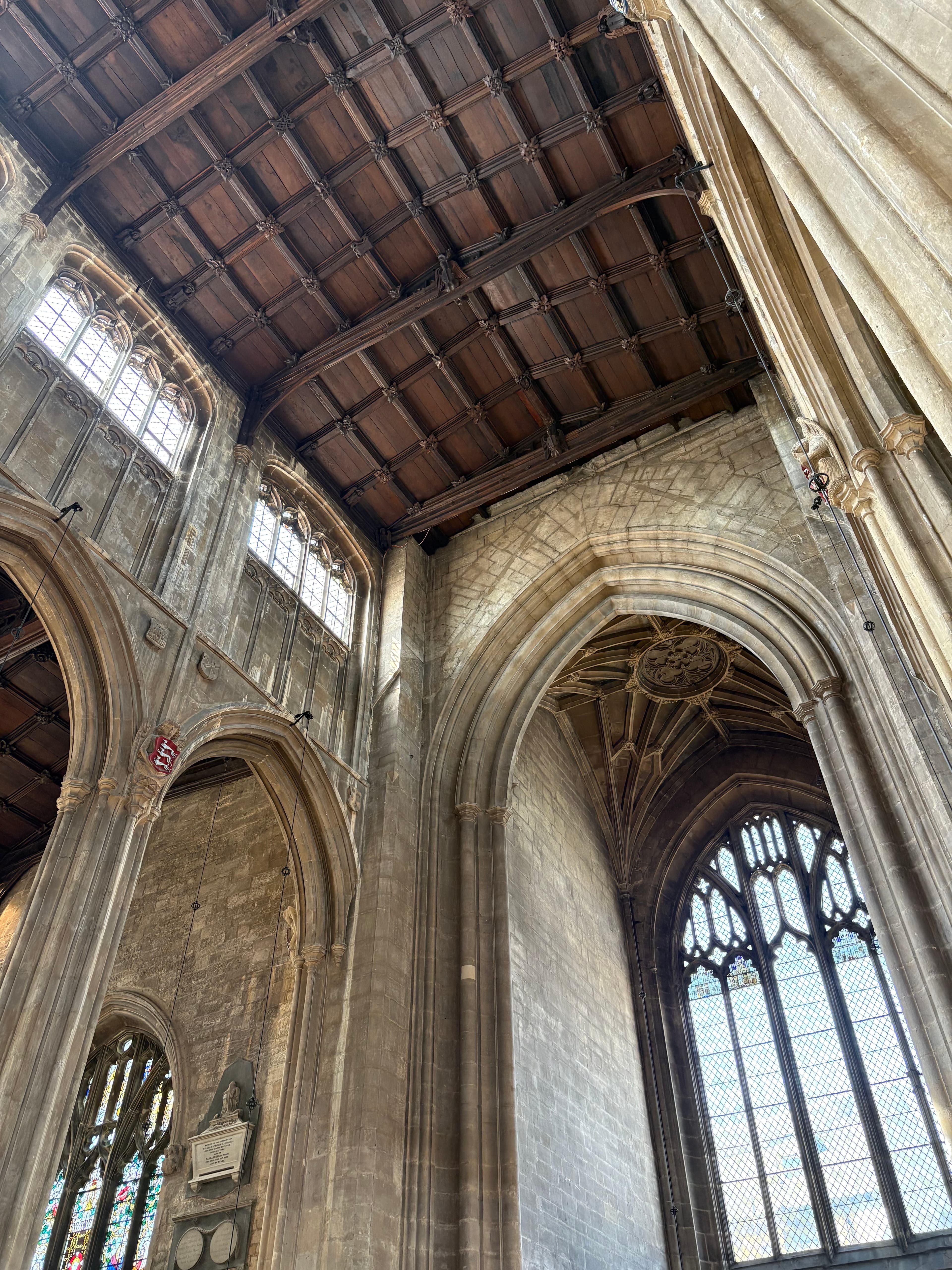 The timbered nave ceiling and clerestory windows of St John the Baptist