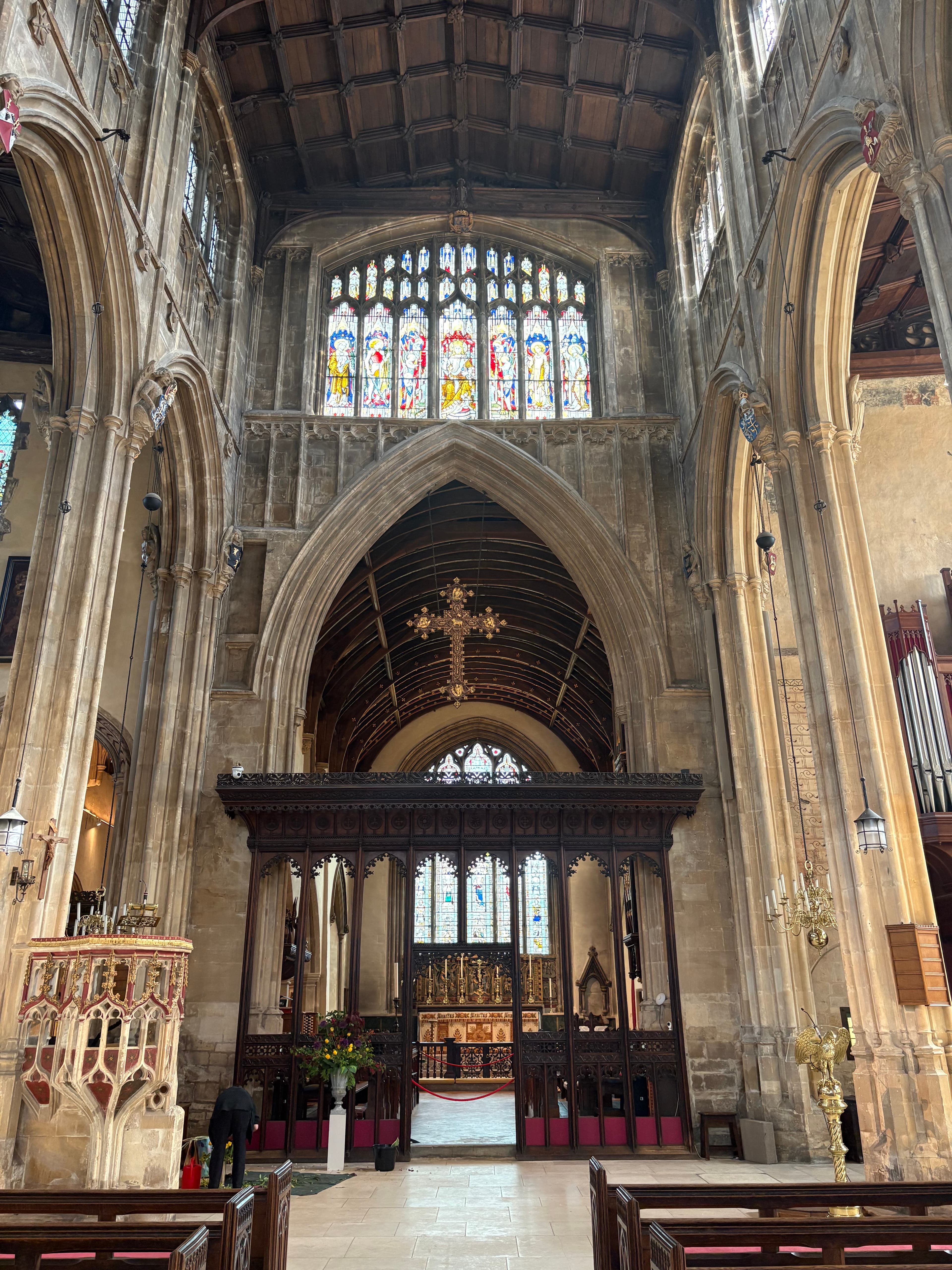 Looking down the nave toward the rood screen and the east end of the chancel