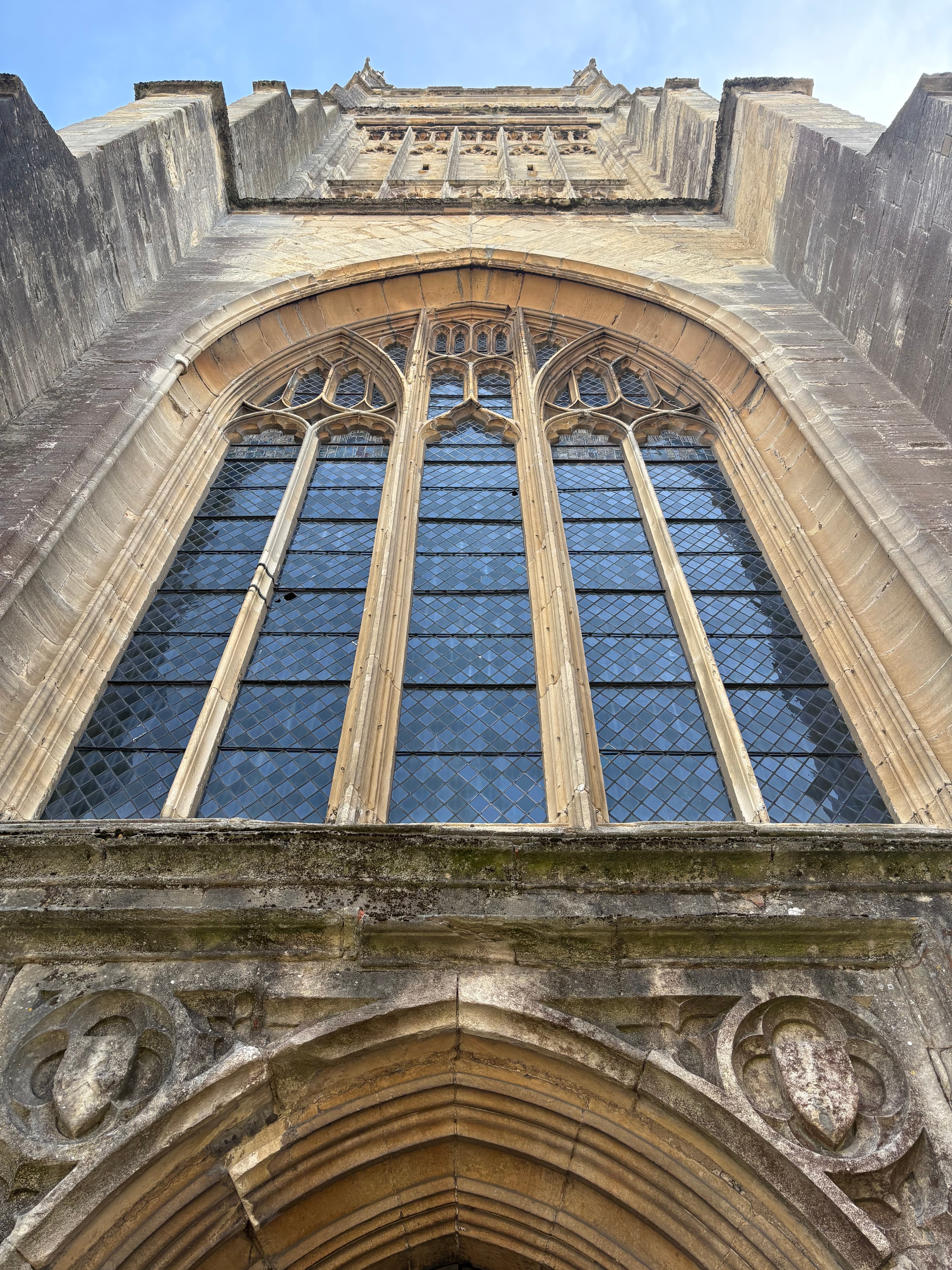 Close-up of the great west window — six lights of Perpendicular Gothic tracery