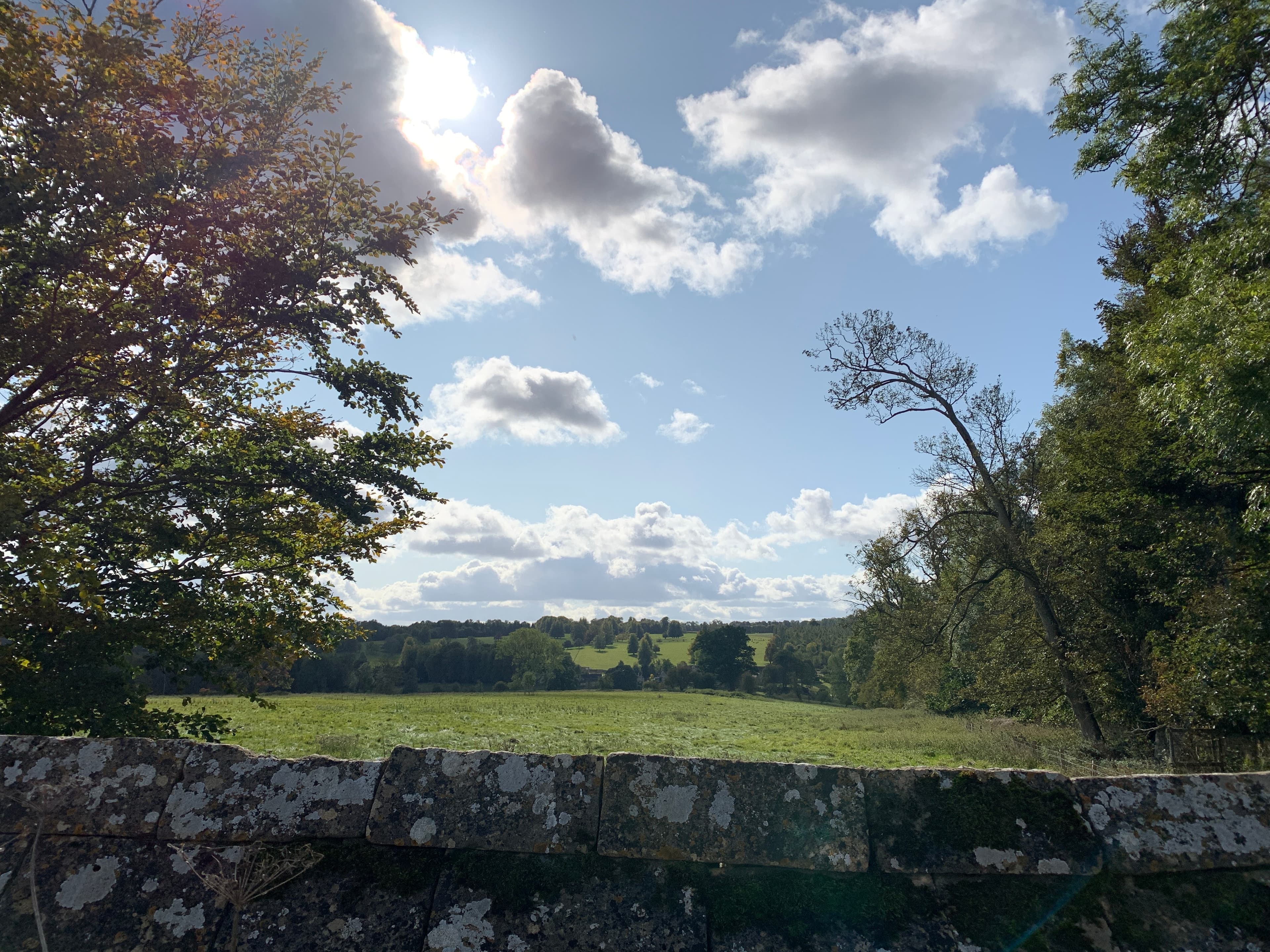 A wide Cotswold field seen over a lichen-covered drystone wall, with rolling hills and big sky beyond