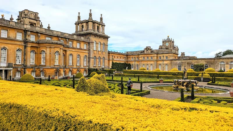 Blenheim Palace's formal Italian Garden, with clipped yellow box hedges in front of the south facade