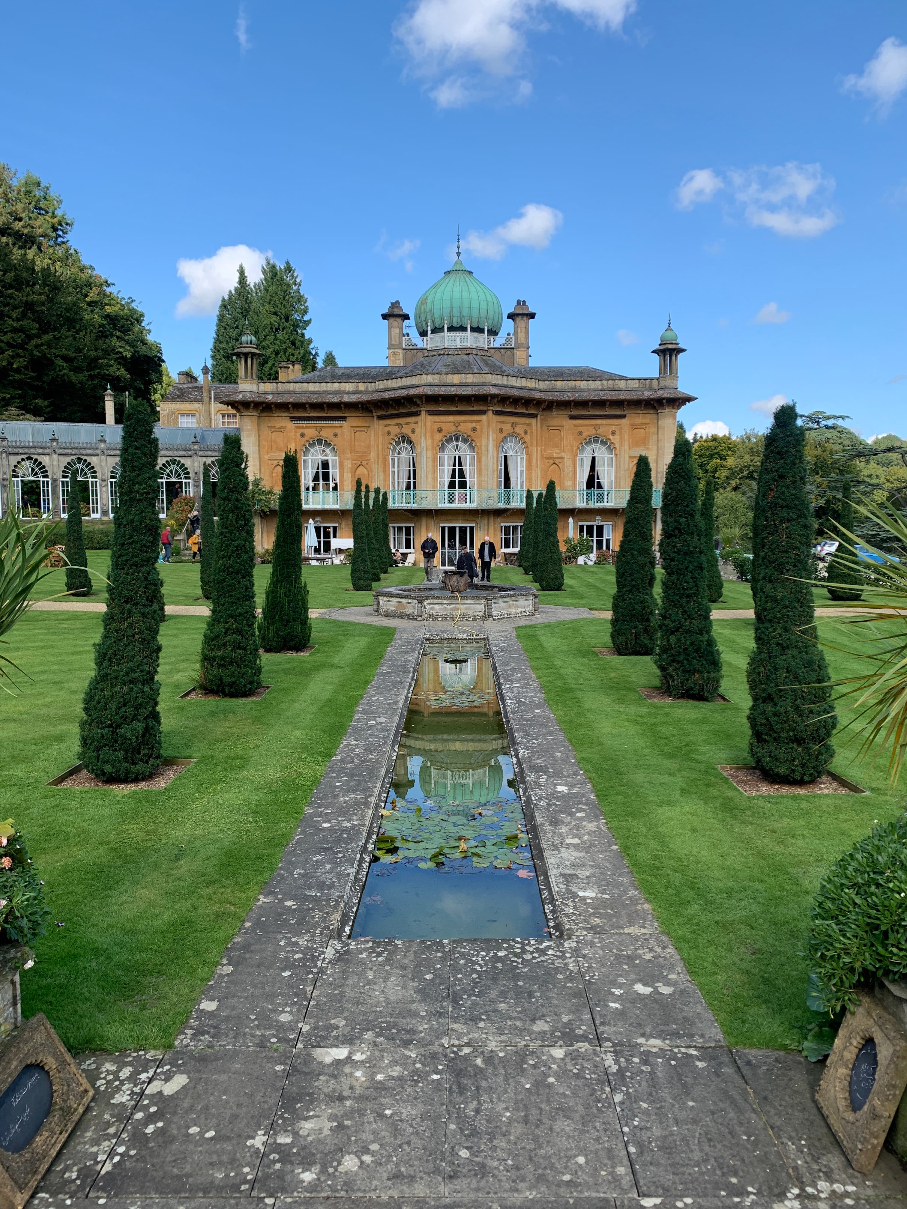 The Persian-style canal at Sezincote leading from the south facade towards the water garden, flanked by topiary cones