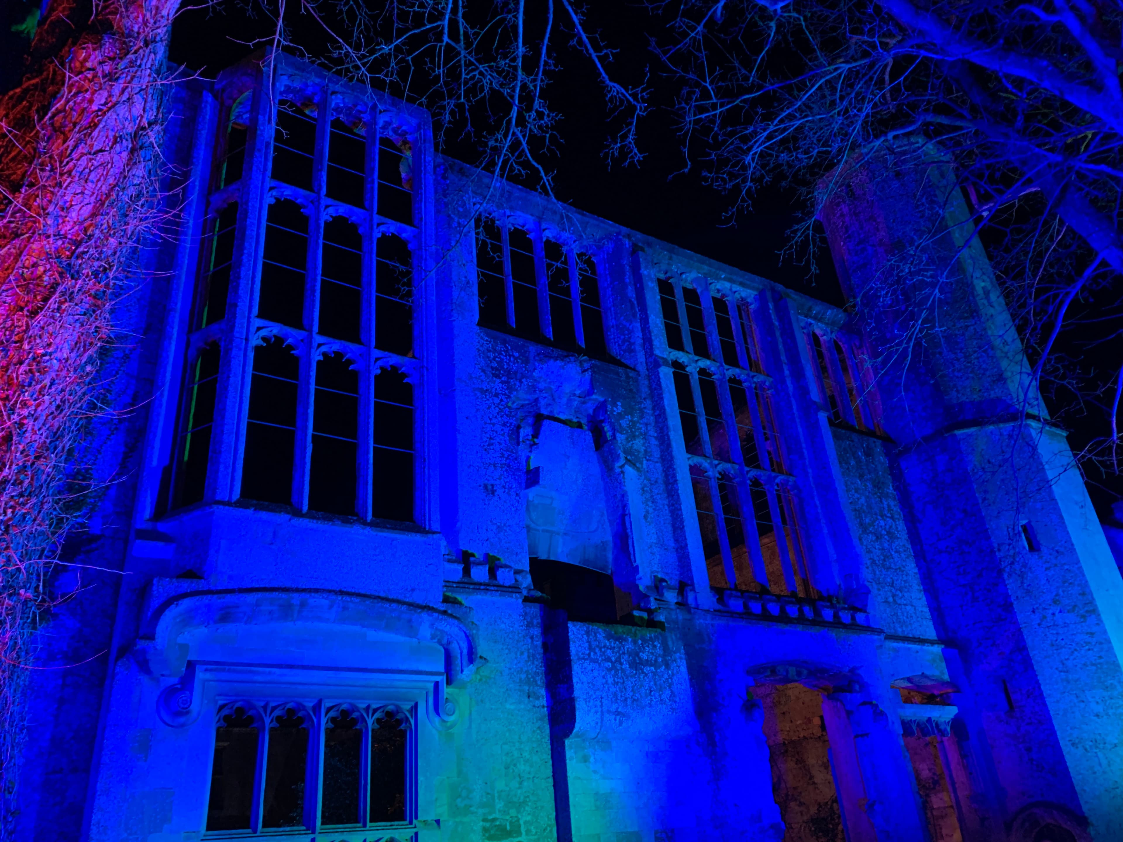 Sudeley's ruined Tudor wing washed in deep blue light during the winter Spectacle of Light, bare branches arching above