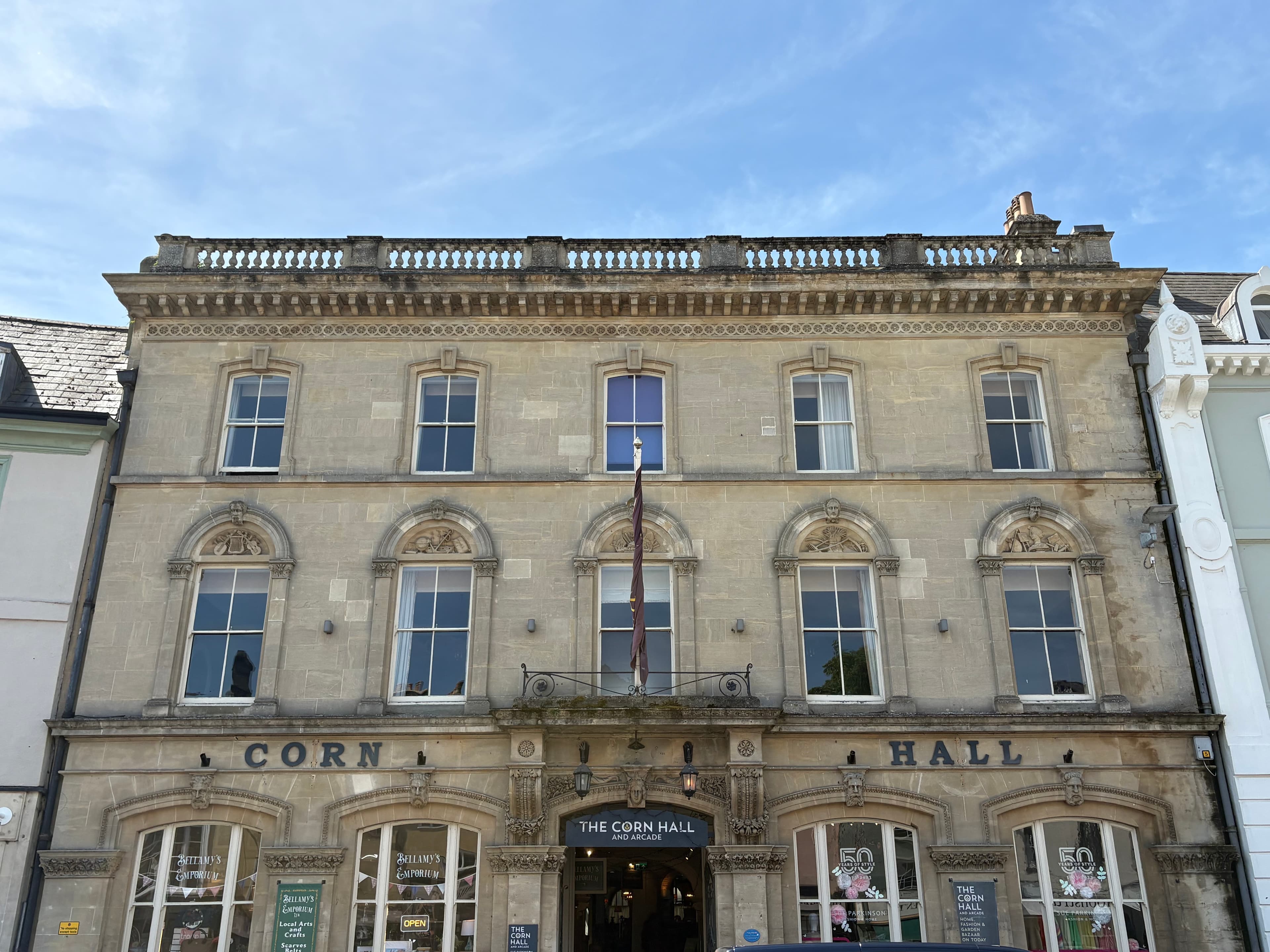 The full sandstone facade of the Victorian Corn Hall on Market Place
